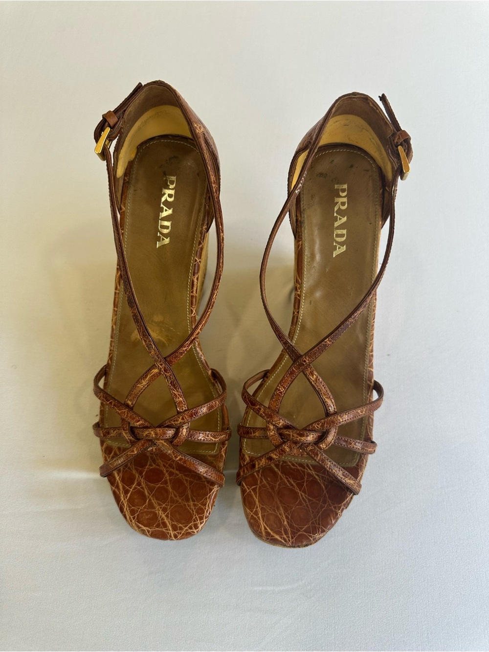 Prada Cognac Brown Genuine Crocodile Strappy Leather Wedge Sandals Size 39